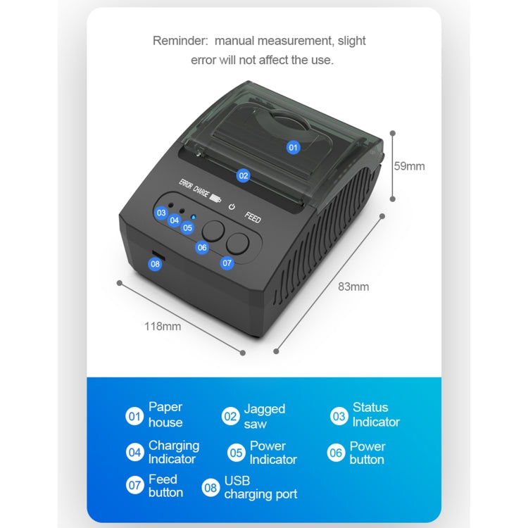 5811DD 58mm Bluetooth 4.0 Portable Thermal Bluetooth Receipt Printer,