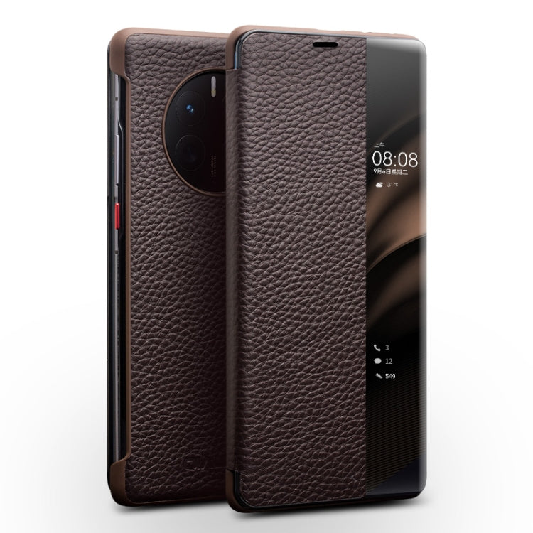 QIALINO Genuine Leather Side Window View Smart Phone Case