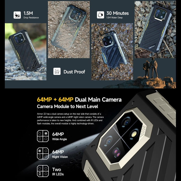 Ulefone Armor 22, IP68/IP69K Rugged Phone, 6.58 inch Android 13 MediaTek Helio G96 Octa Core, Network: 4G, NFC, OTG, 8GB+128GB, 8GB+256GB