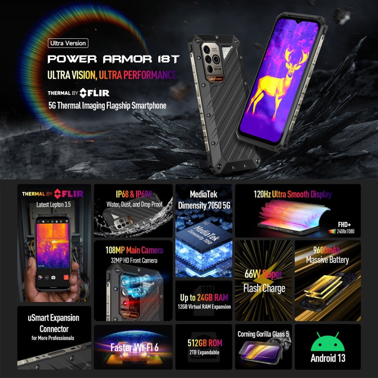 Ulefone Power Armor 18T Ultra Version 5G Thermal Imaging Rugged Phone, Side Fingerprint, 6.58 inch Android 13 MediaTek Dimensity 7050 Octa Core up to 2.6GHz, Network: 5G, NFC, OTG, Power Armor 18T Ultra Version