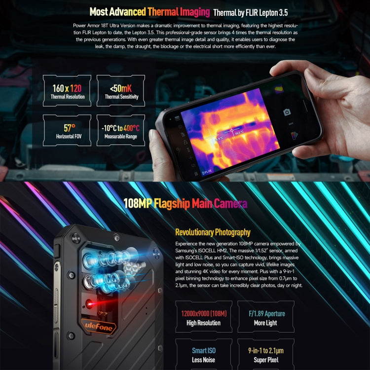 Ulefone Power Armor 18T Ultra Version 5G Thermal Imaging Rugged Phone, Side Fingerprint, 6.58 inch Android 13 MediaTek Dimensity 7050 Octa Core up to 2.6GHz, Network: 5G, NFC, OTG, Power Armor 18T Ultra Version