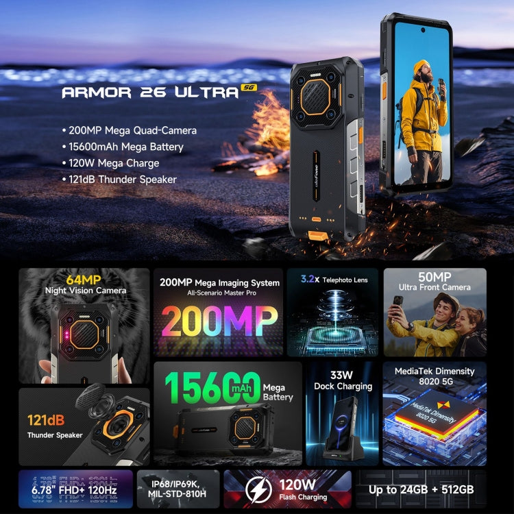 Ulefone Armor 26 Ultra Rugged Phone, 6.78 inch Android 13 MediaTek Dimensity 8020 Octa Core, Network: 5G, NFC