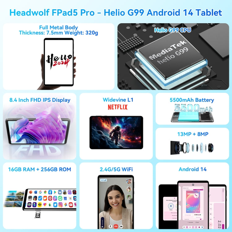 HEADWOLF Fpad5 Pro 4G LTE Tablet PC, 8.4 inch Android 14 MT6789 Octa Core Support Dual SIM, Global Version with Google Play