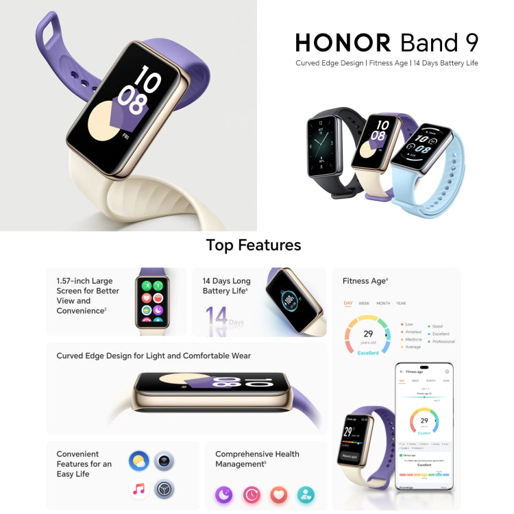 Honor Band 9, 1.57 inch AMOLED Screen, Support Heart Rate / Blood Oxygen / Sleep Monitoring, Standard Version