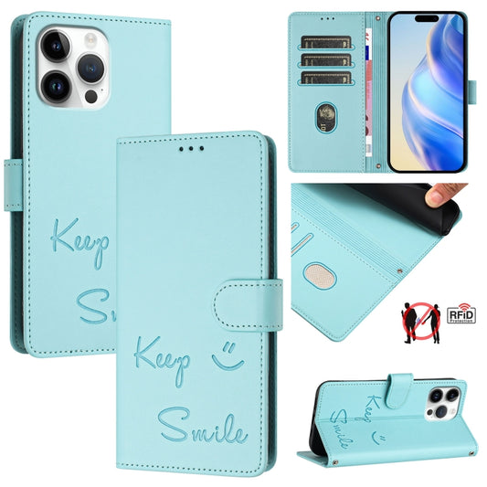 Smile Embossing RFID Leather Phone Case, For iPhone 16 Pro Max, For iPhone 16 Pro, For iPhone 16 Plus, For iPhone 16, For iPhone SE 2024