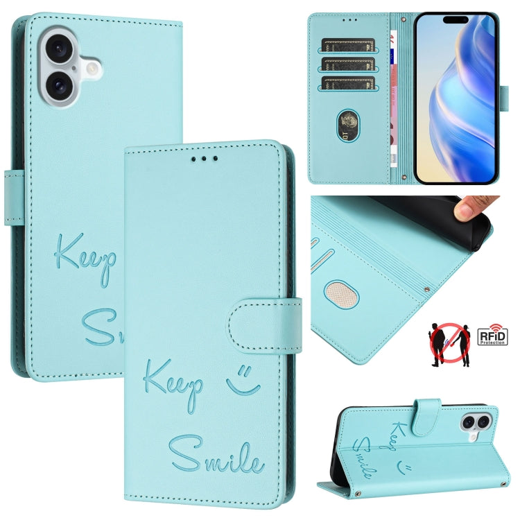 Smile Embossing RFID Leather Phone Case, For iPhone 16 Pro Max, For iPhone 16 Pro, For iPhone 16 Plus, For iPhone 16, For iPhone SE 2024