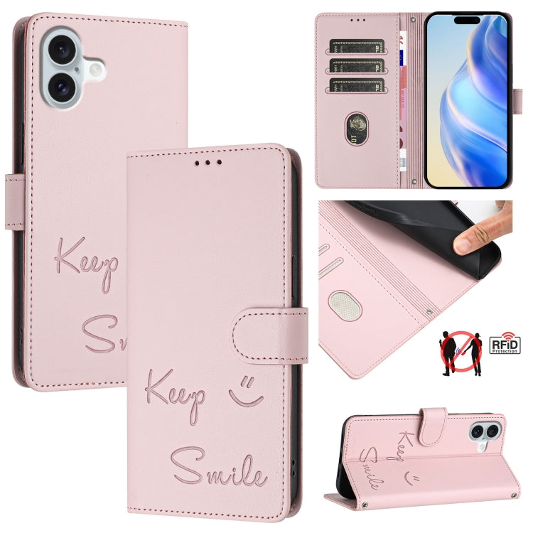 Smile Embossing RFID Leather Phone Case, For iPhone 16 Pro Max, For iPhone 16 Pro, For iPhone 16 Plus, For iPhone 16, For iPhone SE 2024