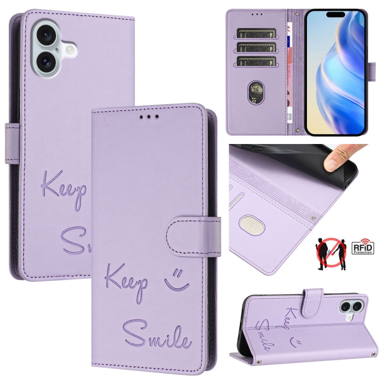 Smile Embossing RFID Leather Phone Case, For iPhone 16 Pro Max, For iPhone 16 Pro, For iPhone 16 Plus, For iPhone 16, For iPhone SE 2024