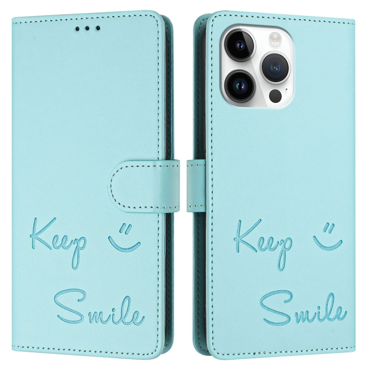 Smile Embossing RFID Leather Phone Case, For iPhone 15 Pro Max, For iPhone 15 Pro, For iPhone 15 Plus, For iPhone 15, For iPhone 14 Plus