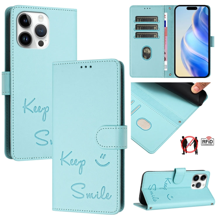 Smile Embossing RFID Leather Phone Case, For iPhone 15 Pro Max, For iPhone 15 Pro, For iPhone 15 Plus, For iPhone 15, For iPhone 14 Plus