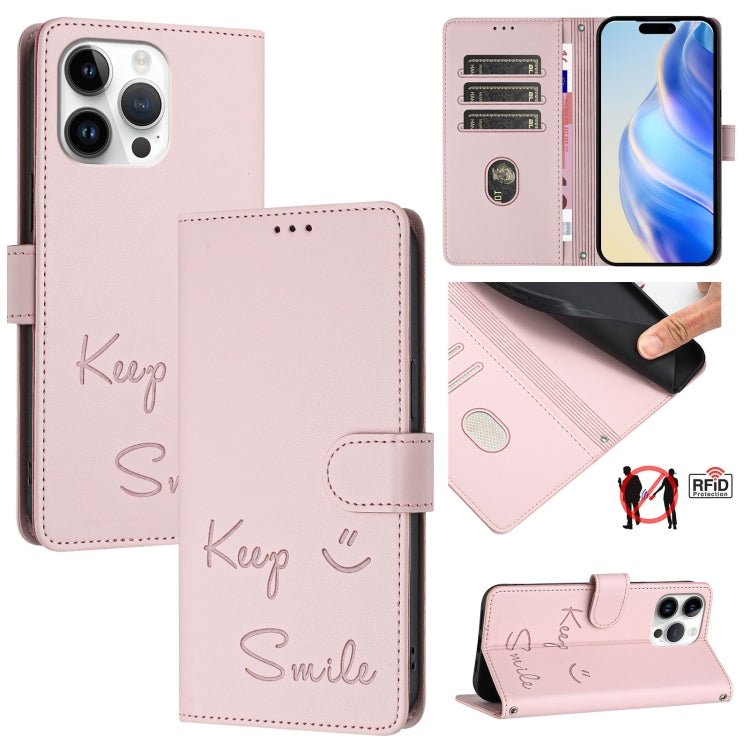 Smile Embossing RFID Leather Phone Case, For iPhone 15 Pro Max, For iPhone 15 Pro, For iPhone 15 Plus, For iPhone 15, For iPhone 14 Plus