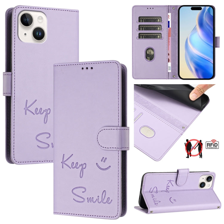 Smile Embossing RFID Leather Phone Case, For iPhone 14 / 13, For iPhone 14 Pro, For iPhone 14 Pro Max, For iPhone SE 2022 / 2020 / 8 / 7, For iPhone 13 Pro Max