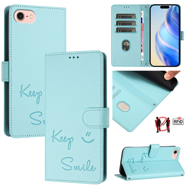 Smile Embossing RFID Leather Phone Case, For iPhone 14 / 13, For iPhone 14 Pro, For iPhone 14 Pro Max, For iPhone SE 2022 / 2020 / 8 / 7, For iPhone 13 Pro Max