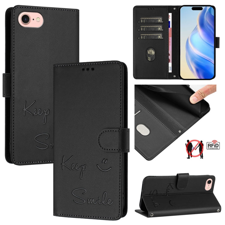 Smile Embossing RFID Leather Phone Case, For iPhone 14 / 13, For iPhone 14 Pro, For iPhone 14 Pro Max, For iPhone SE 2022 / 2020 / 8 / 7, For iPhone 13 Pro Max