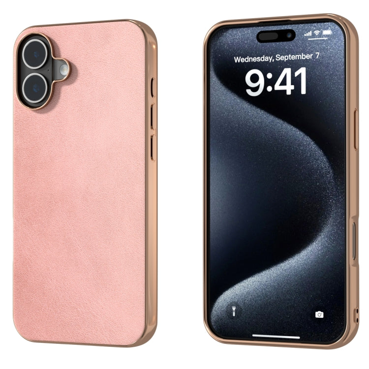 Nano Electroplating Dual Color Cowhide Texture Protective Phone Case, For iPhone 16 Pro Max, For iPhone 16 Pro, For iPhone 16 Plus, For iPhone 16