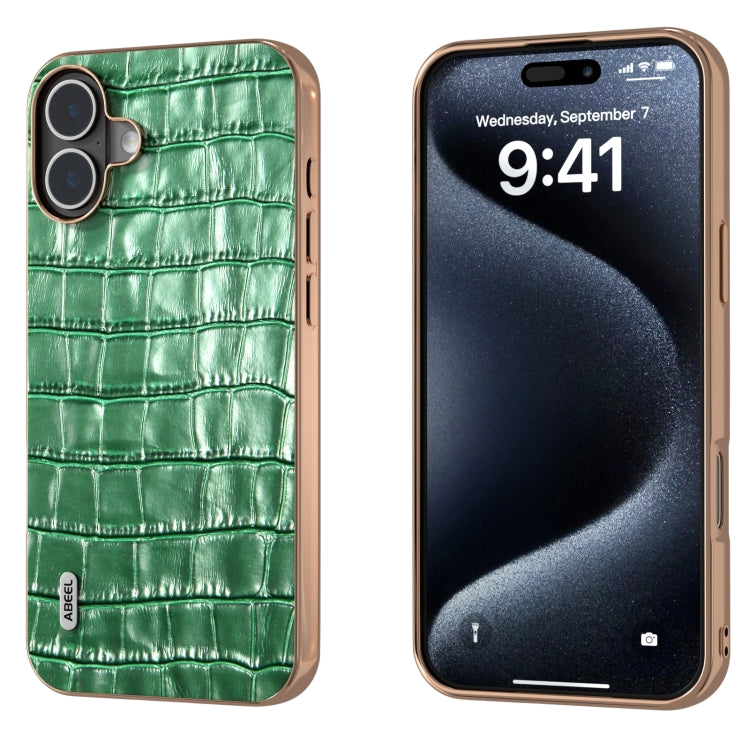 ABEEL Electroplating Frame Crocodile Texture Genuine Leather Phone Case, For iPhone 16 Pro Max, For iPhone 16 Pro, For iPhone 16 Plus, For iPhone 16