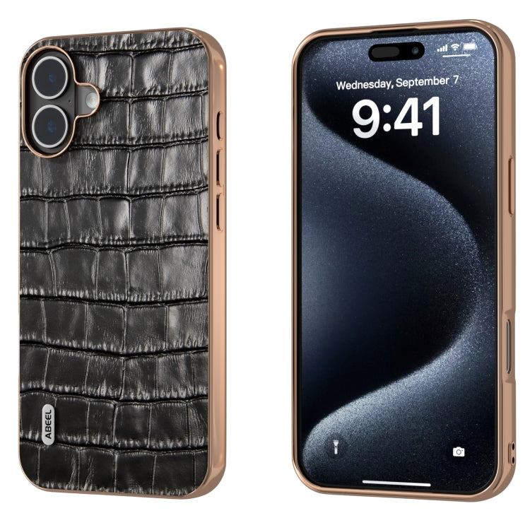 ABEEL Electroplating Frame Crocodile Texture Genuine Leather Phone Case, For iPhone 16 Pro Max, For iPhone 16 Pro, For iPhone 16 Plus, For iPhone 16