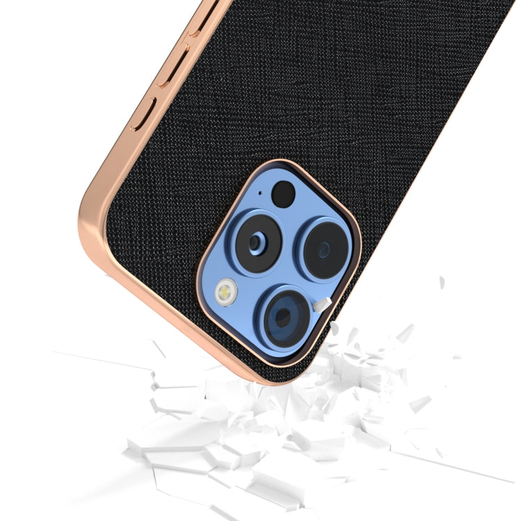 ABEEL Electroplating Frame Cross Texture Genuine Leather Phone Case, For iPhone 16 Pro Max, For iPhone 16 Pro, For iPhone 16 Plus, For iPhone 16