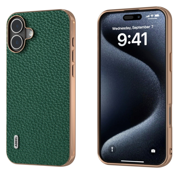 ABEEL Electroplating Frame Genuine Leather Litchi Texture Phone Case, For iPhone 16 Pro Max, For iPhone 16 Pro, For iPhone 16 Plus, For iPhone 16