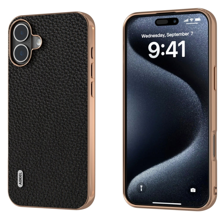 ABEEL Electroplating Frame Genuine Leather Litchi Texture Phone Case, For iPhone 16 Pro Max, For iPhone 16 Pro, For iPhone 16 Plus, For iPhone 16