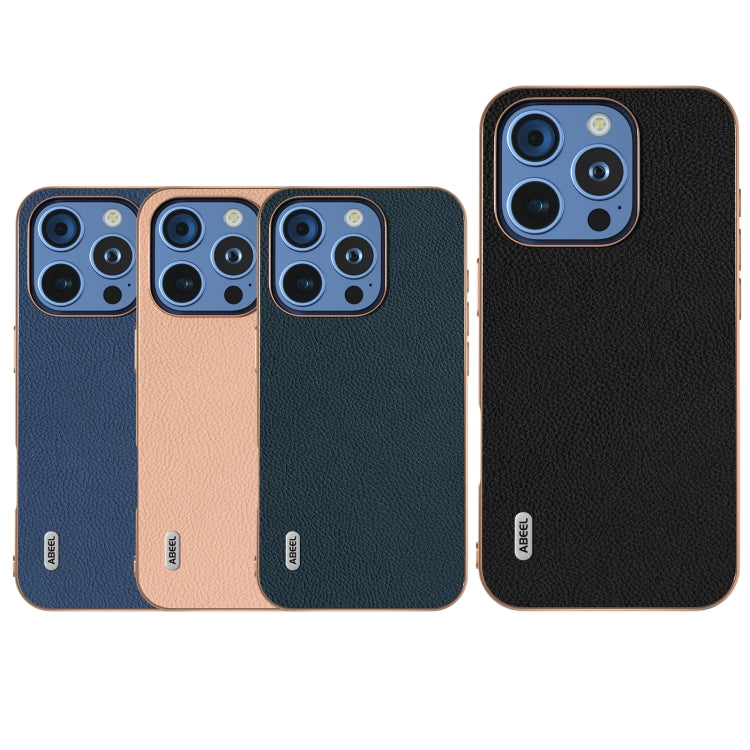 ABEEL Electroplating Frame Genuine Leather + PC Litchi Texture Phone Case, For iPhone 16 Pro Max, For iPhone 16 Pro, For iPhone 16 Plus, For iPhone 16