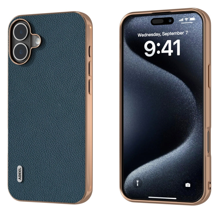 ABEEL Electroplating Frame Genuine Leather + PC Litchi Texture Phone Case, For iPhone 16 Pro Max, For iPhone 16 Pro, For iPhone 16 Plus, For iPhone 16