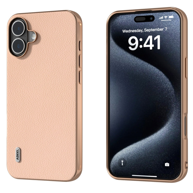 ABEEL Electroplating Frame Genuine Leather + PC Litchi Texture Phone Case, For iPhone 16 Pro Max, For iPhone 16 Pro, For iPhone 16 Plus, For iPhone 16