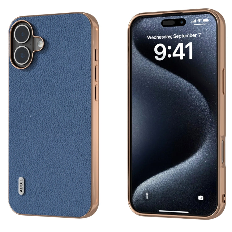 ABEEL Electroplating Frame Genuine Leather + PC Litchi Texture Phone Case, For iPhone 16 Pro Max, For iPhone 16 Pro, For iPhone 16 Plus, For iPhone 16