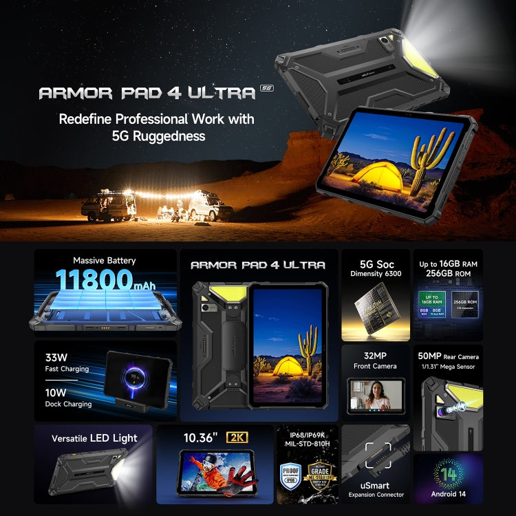 Ulefone Armor Pad 4 Ultra Rugged Tablet PC, 10.36 inch Android 14 MediaTek Dimensity 6300 Octa Core 5G Network, EU Plug