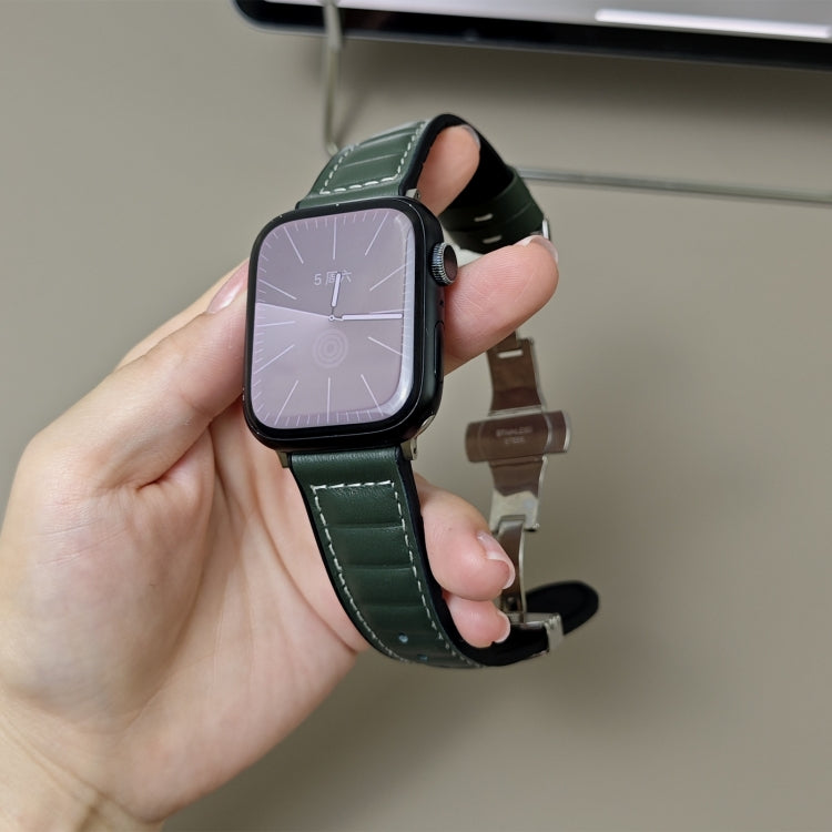 Striations Genuine Leather Butterfly Buckle Watch Band, For Apple Watch 46mm / 49mm / 45mm / 44mm, For Apple Watch 42mm / 41mm / 40mm / 38mm