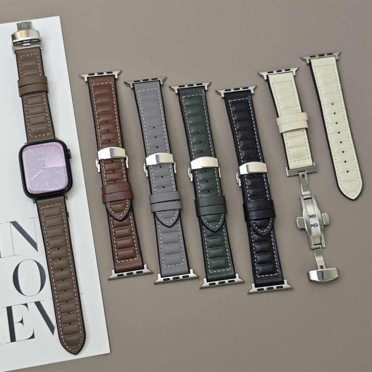 Striations Genuine Leather Butterfly Buckle Watch Band, For Apple Watch 46mm / 49mm / 45mm / 44mm, For Apple Watch 42mm / 41mm / 40mm / 38mm