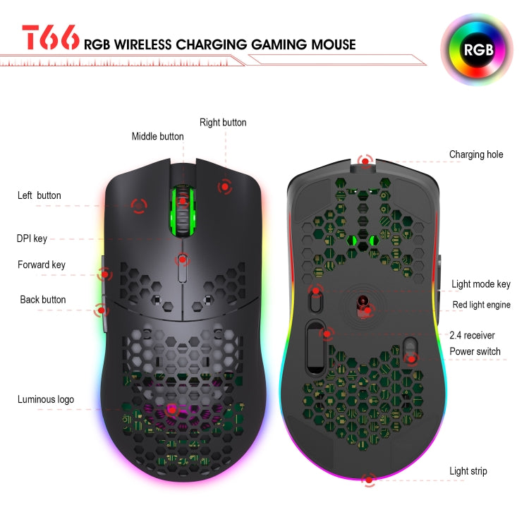 HXSJ T66 7 Keys Colorful Lighting Programmable Gaming Wireless Mouse