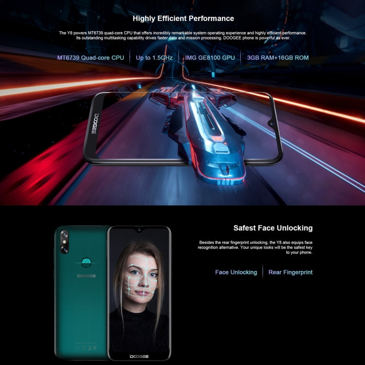 Dual Back Cameras, Face ID & DTouch Fingerprint,  6.1 inch Water-drop Screen Android 9.0 MTK6739 Quad Core up to 1.5GHz, Network: 4G,  OTA, Dual SIM, Y8 Emerald, Y8 Midnight Black, Y8 Phantom Purple