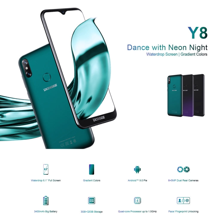 Dual Back Cameras, Face ID & DTouch Fingerprint,  6.1 inch Water-drop Screen Android 9.0 MTK6739 Quad Core up to 1.5GHz, Network: 4G,  OTA, Dual SIM, Y8 Emerald, Y8 Midnight Black, Y8 Phantom Purple