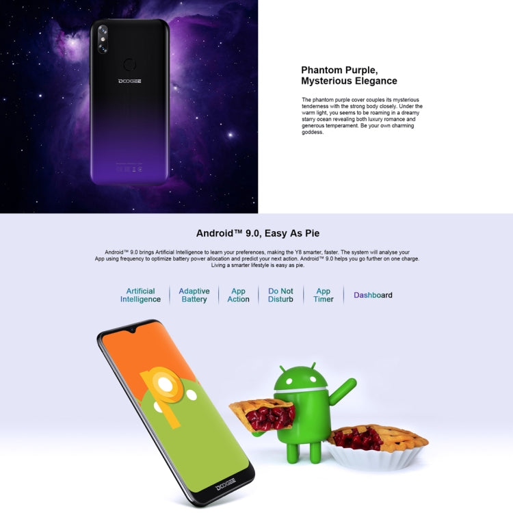 Dual Back Cameras, Face ID & DTouch Fingerprint,  6.1 inch Water-drop Screen Android 9.0 MTK6739 Quad Core up to 1.5GHz, Network: 4G,  OTA, Dual SIM, Y8 Emerald, Y8 Midnight Black, Y8 Phantom Purple