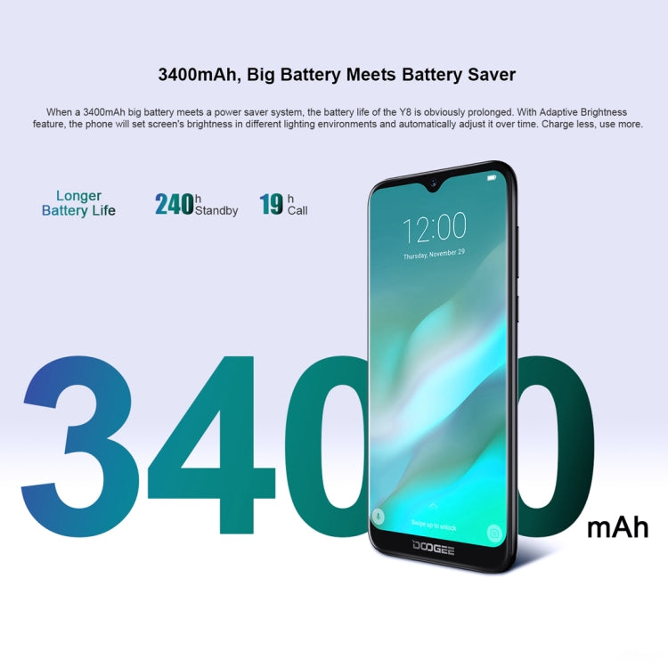 Dual Back Cameras, Face ID & DTouch Fingerprint,  6.1 inch Water-drop Screen Android 9.0 MTK6739 Quad Core up to 1.5GHz, Network: 4G,  OTA, Dual SIM, Y8 Emerald, Y8 Midnight Black, Y8 Phantom Purple