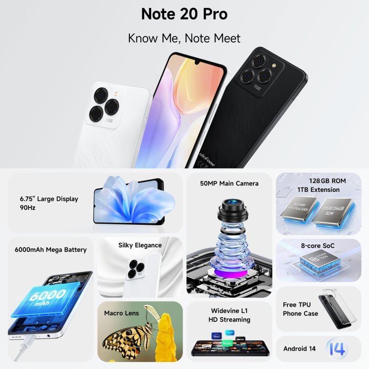 Ulefone Note 20 Pro, 4GB+128GB, Face ID & Side Fingerprint, 6000mAh, 6.75 inch Android 14 Unisoc T606 Octa Core, Network: 4G, Dual SIM, OTG, 4GB+128GB