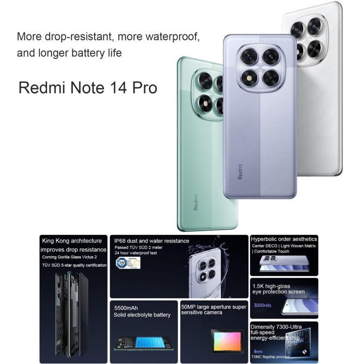 Xiaomi Redmi Note 14 Pro, 8GB+256GB, 6.67 inch Xiaomi HyperOS Mediatek Dimensity 7300-Ultra Octa Core, NFC, Network: 5G