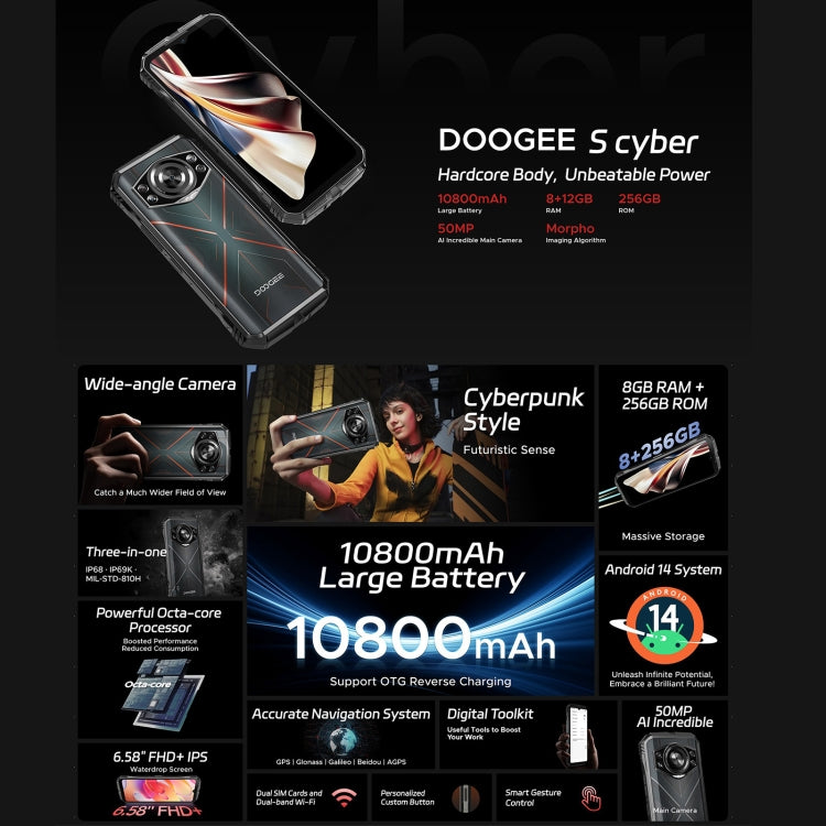 DOOGEE S Cyber, 8GB+256GB, 6.56 inch Android 14 Spreadtrum T606 Octa Core, Network: 4G, OTG, NFC