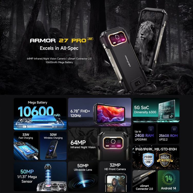 Ulefone Armor 27 Pro Rugged Phone, 12GB+256GB, Night Vision, 10600mAh, 6.78 inch Android 14 MediaTek Dimensity 6300 Octa Core, Network: 5G, NFC, Armor 27 Pro