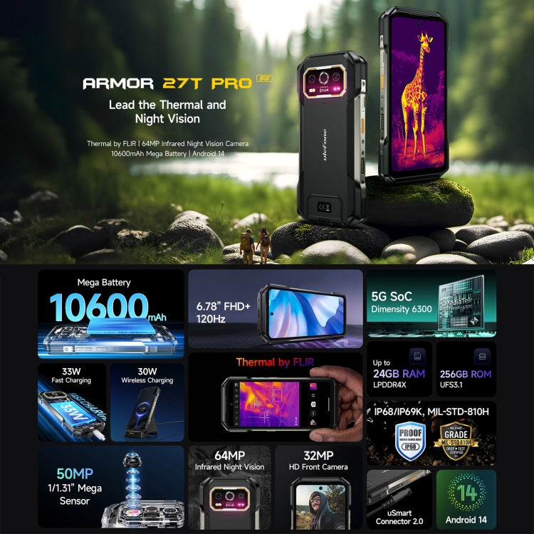 Ulefone Armor 27T Pro Rugged Phone, Thermal Imaging, 12GB+256GB, Night Vision, 10600mAh, 6.78 inch Android 14 MediaTek Dimensity 6300 Octa Core, Network: 5G, NFC