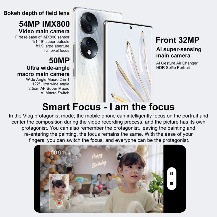 Triple Back Cameras, Screen Fingerprint Identification,  6.67 inch Magic UI 6.1 Qualcomm Snapdragon 778G Plus Octa Core up to 2.5GHz, Network: 5G, OTG, NFC, Not Support Google Play, Honor 70 5G 12GB+512GB, 12GB+512GB