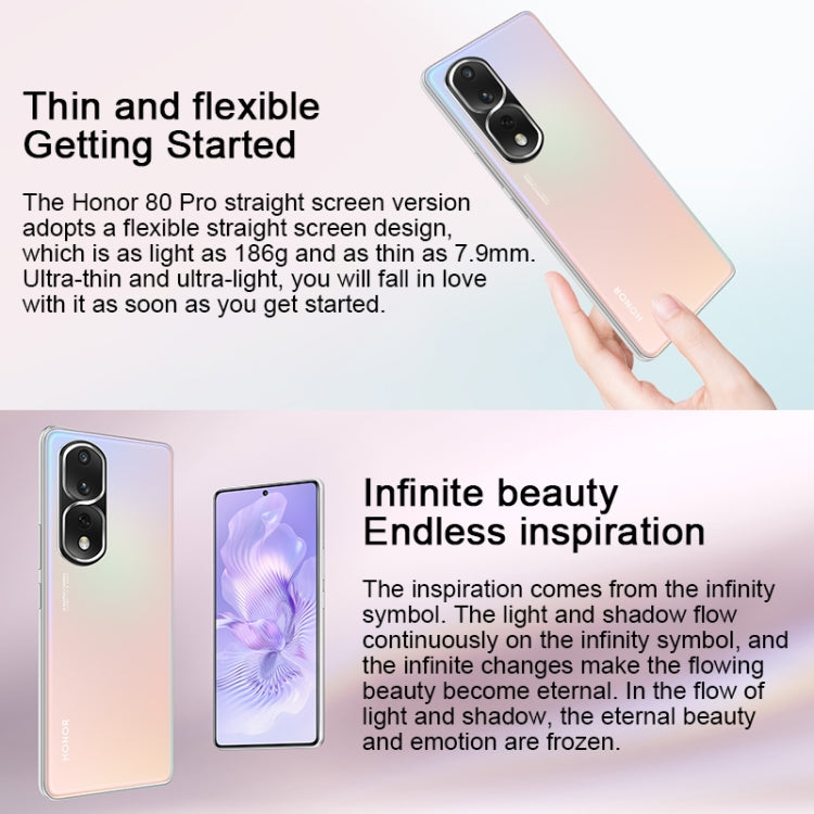 Triple Back Cameras, Screen Fingerprint Identification, 6.67 inch Magic UI 7.0 Qualcomm Snapdragon 8+ Gen1 Octa Core up to  3.0GHz, Network: 5G, OTG, NFC, Not Support Google Play, Honor 80 Pro Flat 5G, 12GB+256GB