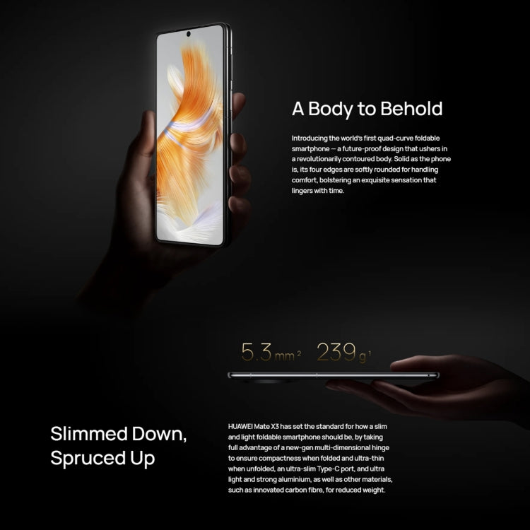 Triple Cameras, Face ID & Side Fingerprint Identification, 5060mAh Battery, 7.85 inch + 6.4 inch Screen, HarmonyOS 3.1 Snapdragon 8+ 4G Octa Core up to 3.2GHz, Network: 4G, OTG, NFC, Not Support Google Play