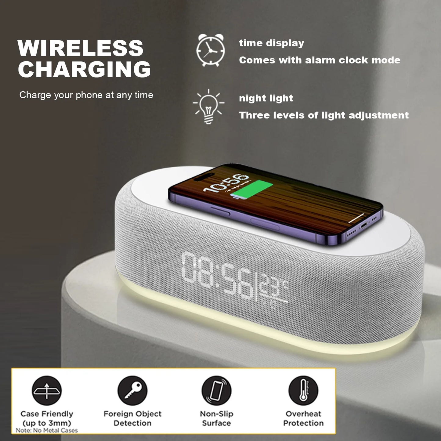 Wireless Charger Alarm Clock Time LED Light Thermometer Phone Charger 15W Fast Charging Dock Station for iPhone 15 14 Samsung