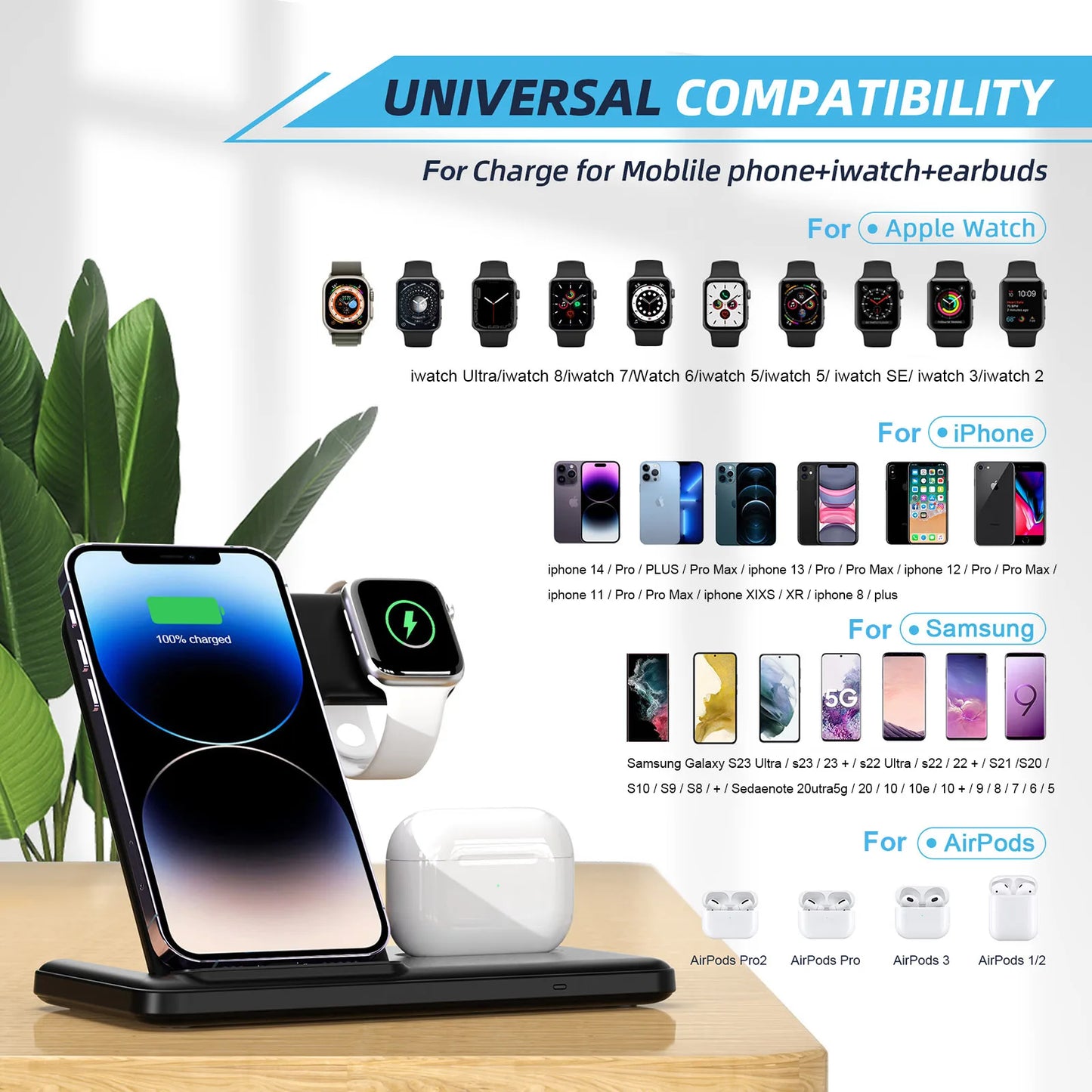 Wireless Charger 3 in 1 For iPhone 15 14 13 12 Pro Max 11 15W Fast Charging Dock Station For Apple Watch Airpods Induction Stand