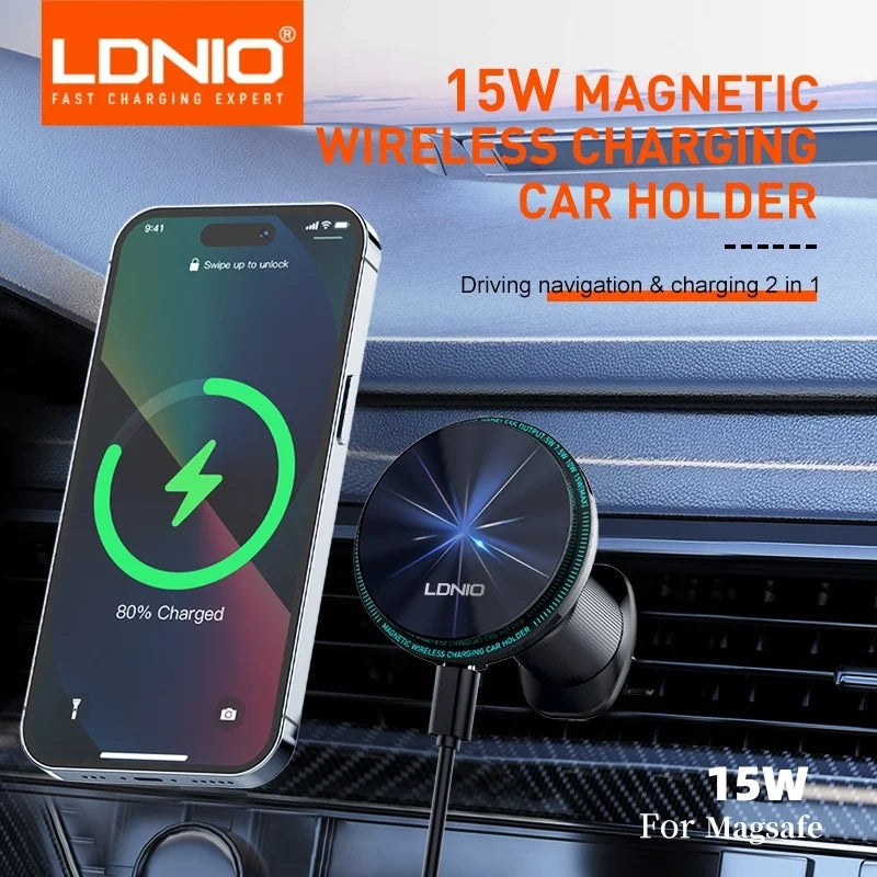 LDNIO Car Phone Holder 15W Wireless Charger For Magsafe Cellphone Grip Tok Magnetic Stand Stabilizer For Iphone 14 15 16 Pro Max