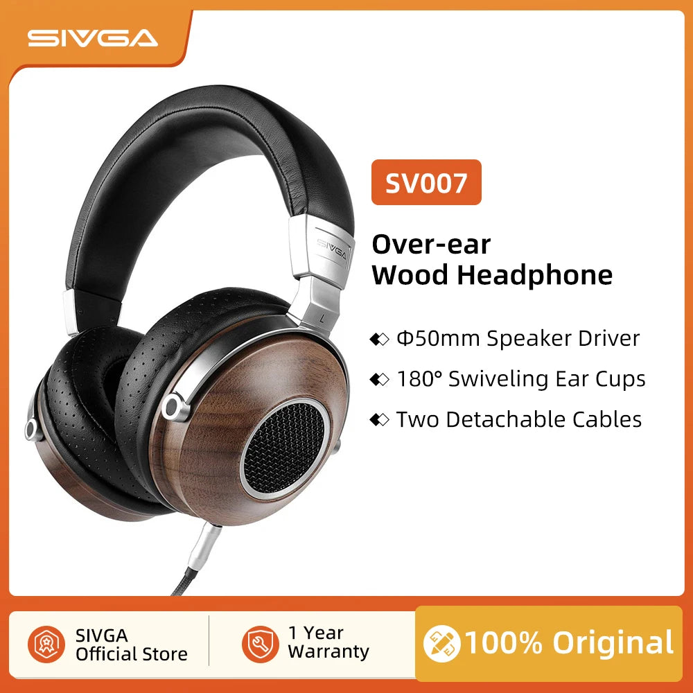 SIVGA SV007 Wooden Wired Headphone BASS HIFI Stereo Noise Isolation Over-ear Open-back Dynamic Driver Headset with Microphone