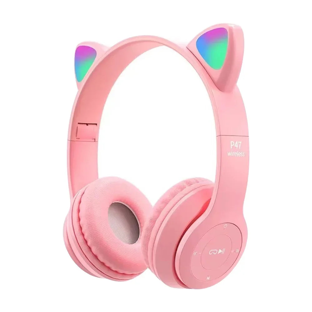 Cute Cat Ear Bluetooth Compatible Headset with LED Wireless Headset Children Girls Stereo Folding Sports Headset with Microphone