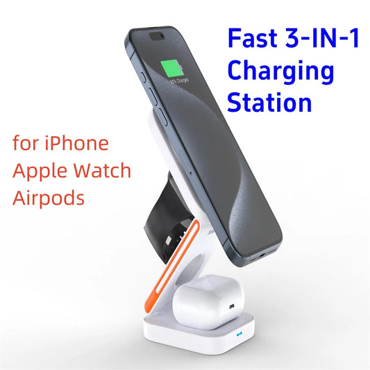 100W Wireless Charger 3 in 1 Magnetic Foldable Wireless Charging Station for iPhone 15 14 13 12 11 Pro Apple Watch 8 9 Airpods